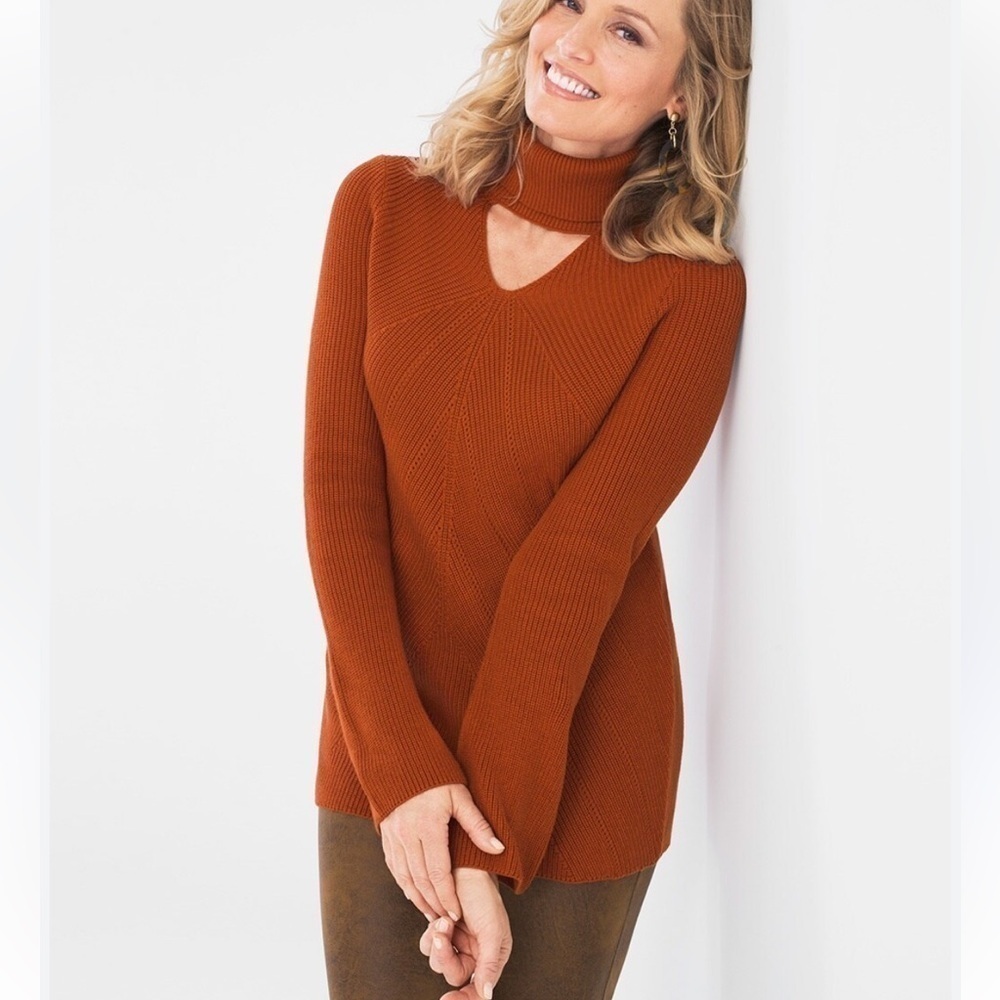 Chico’s Knit Turtleneck Knit Sweater Burnt Orange Keyhole Front